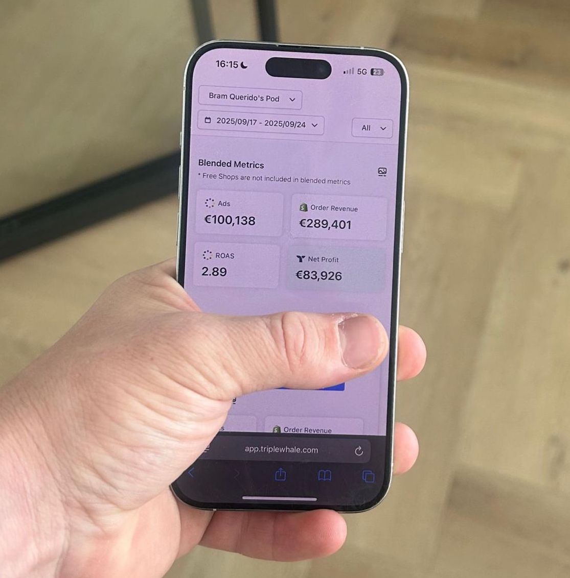 Triple Whale dashboard showing 289k revenue